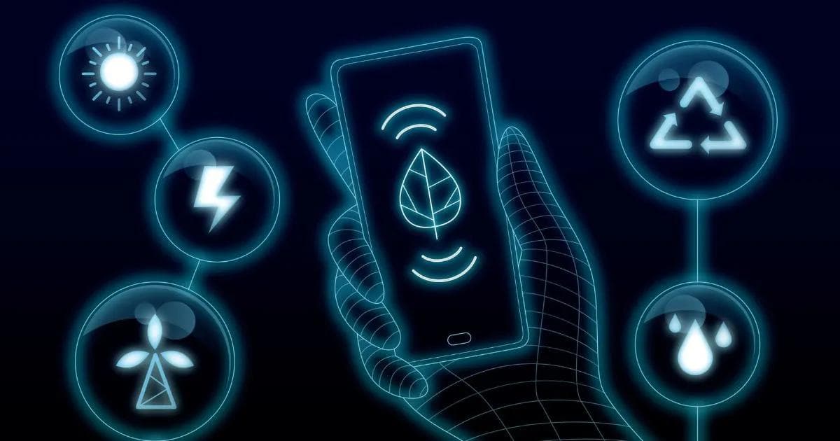 image couleurs bleutées d'une main tenant un téléphone avec des logos d'energies