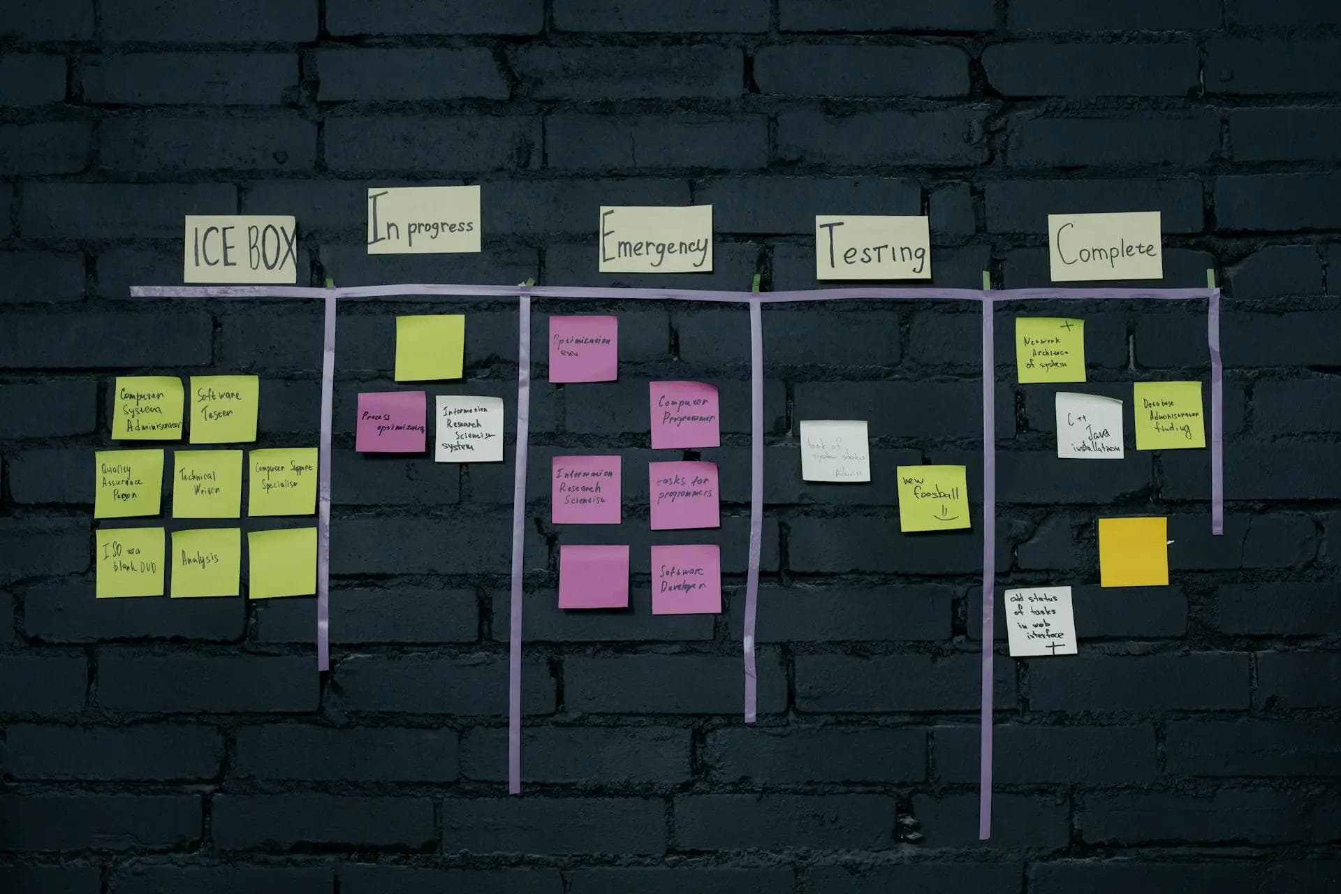 Tableau blanc avec des post-its de gestion de projet agile, symbolisant l'organisation et la planification d'un développement web.